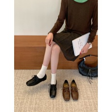 批发羊皮版！英伦风平底方头浅口单鞋女2026新款软底系带乐福鞋小皮鞋