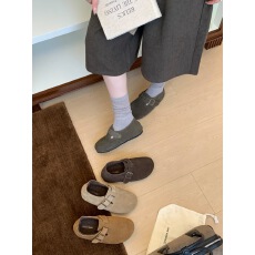 批发真皮厚底4CM一脚蹬圆头勃肯拖鞋女外穿百搭懒人四季复古包头半拖