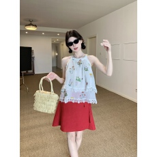 批发实拍实价~夏季韩系重工刺绣花边<b class='q'>蕾丝</b>无袖背心上衣+高腰a字<b class='q'>半身裙</b>