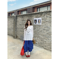 批发实拍实价~春夏季新品长袖薄款透视斜肩长袖T恤上衣+波点蛋糕<b class='q'>长裙</b>