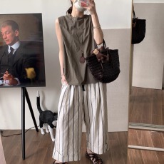 批发豆乳亚麻棉显瘦立体感遮手臂无袖<b class='q'>衬衫</b>背心上衣