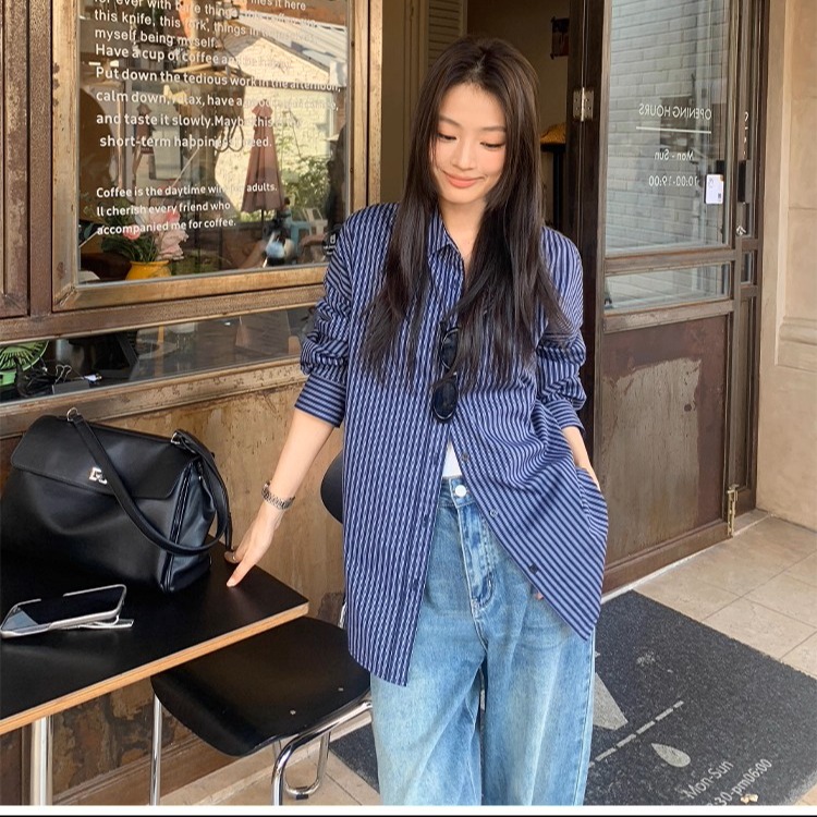 높음 지혜 자매 루즈핏 스트라이프 여성 셔츠 고급 센스 긴팔 셔츠 캐주얼 품격 맨위