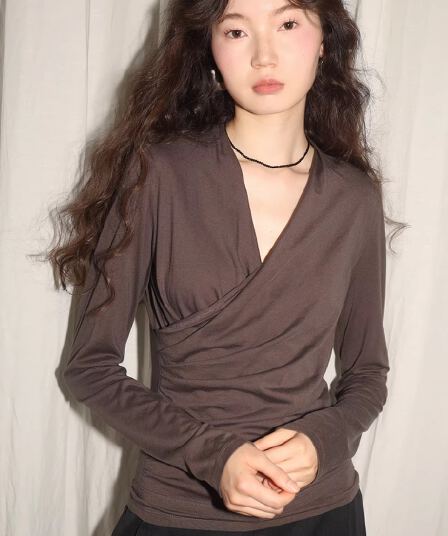 오스트리아 모달 혼방 가벼움 부드럽다 통기성 V넥 힙 Pleat 허리 수축 슬림해 보이는 긴팔 맨위