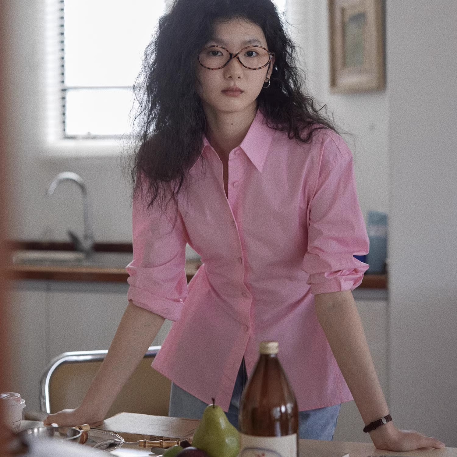60 지점 유기농 면 허리 수축 둘 착용 세 열기 몸 3 차원 자르기 office siren 바람 셔츠 맨위 여성