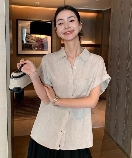 코치 비와 이슬 마 원본 마 색상 반팔 여성 셔츠 여름 루즈핏 폴로 칼라 출퇴근 아마 셔츠