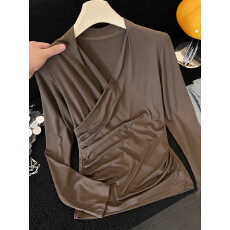 批发奥地利<b class='q'>莫代尔</b>羊毛混纺轻盈柔软透气v领堆褶收腰显瘦长袖上衣