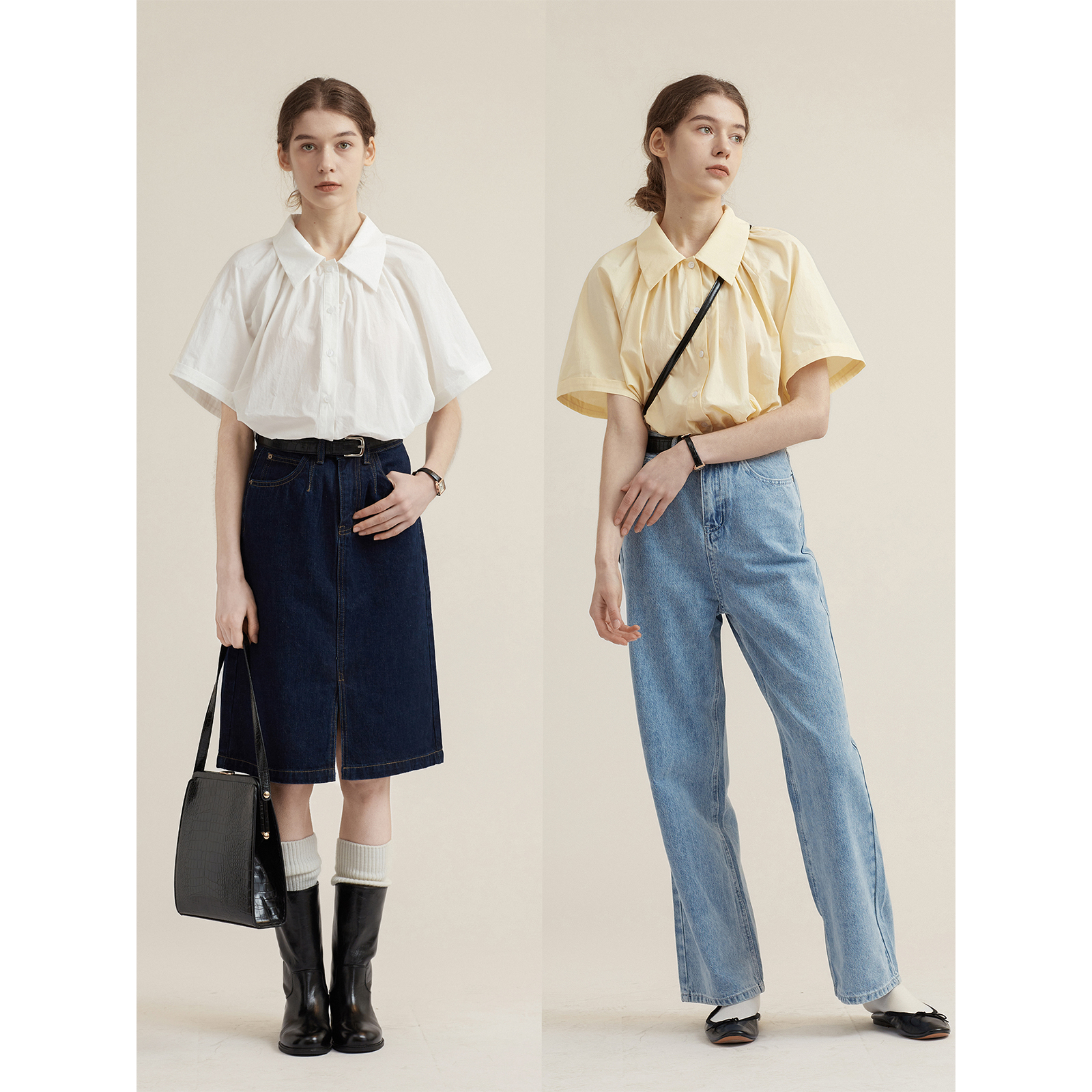 여름 새로운 프랑스식 미니멀리즘 바람 단색 POLO 칼라 펌프 Pleat 반팔 여성 셔츠 루즈핏 셔츠