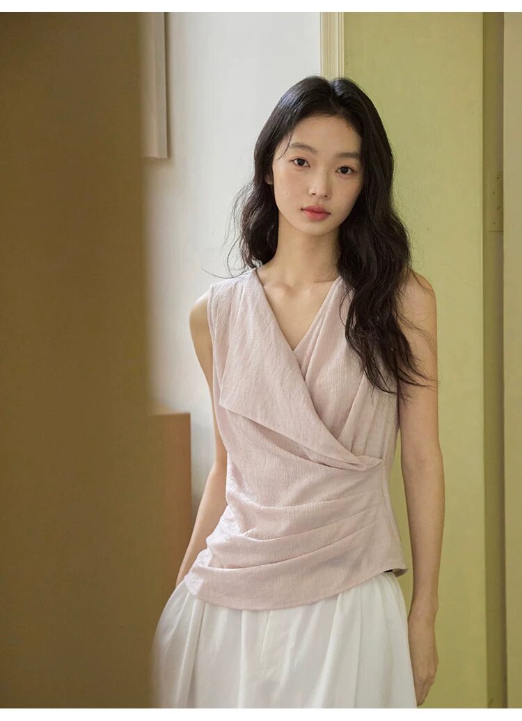 질감 센스 비대칭 디자인 측면 허리 수신 Pleat 민소매 맨위