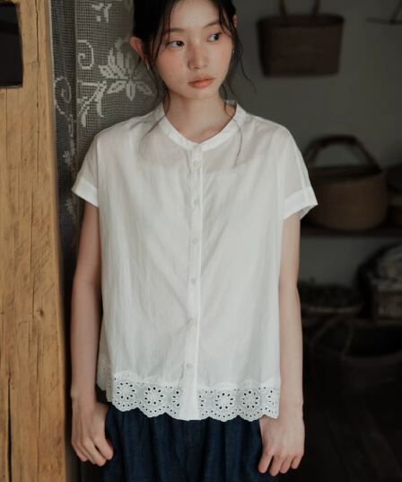 높은 지점 주간 실크 코튼 일본식 반팔 레이스 레이스 셔츠 맨위 여름 여성