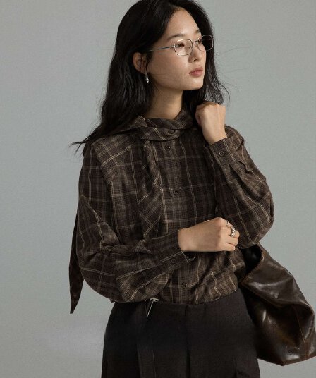 마이크로 연삭 털 체크무늬 디자인 센스 구조 리본 삽입 어깨 긴팔 맨위 레트로 여성 셔츠