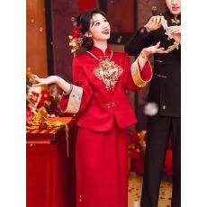 批发新中式<b class='q'>敬酒</b>服新娘晨袍红色长袖订婚<b class='q'>礼服</b>高端大气回门答谢宴套装裙