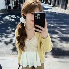 批发黄色镂空长袖针织<b class='q'>开衫</b>女春薄款防晒外套宽松慵懒风显瘦上衣