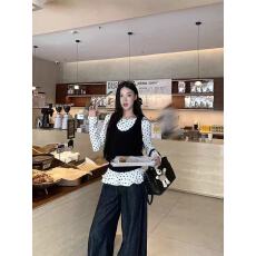 批发独特漂亮黑色巨好看<b class='q'>马甲女</b>秋季内搭波点长袖修身显瘦上衣两件套