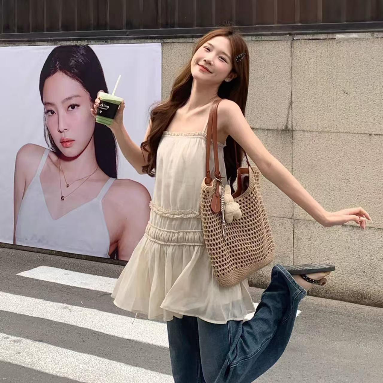 순수한 욕망 바람 살구 색상 패치워크 프릴 캐미솔 2026 년 여름 작은 키 디스플레이 높음 민소매 반신 스커트