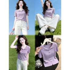 设计感花朵扣翻领针织开衫女 2026 春短袖坑条修身显瘦通勤上衣