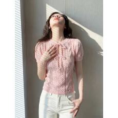 批发粉色镂空上衣女夏季穿搭设计感独特漂亮巨好看的针织短袖t恤