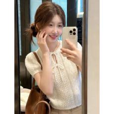 批发奶<b class='q'>白色</b>蝴蝶结系带肌理感短袖T恤女2026夏季温柔风甜美氛围感上衣