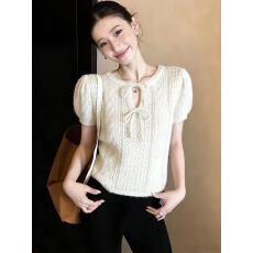 批发韩系气质米白色系带针织短袖T恤女夏季穿搭<b class='q'>泡泡袖</b>甜美温柔风<b class='q'>上衣</b>