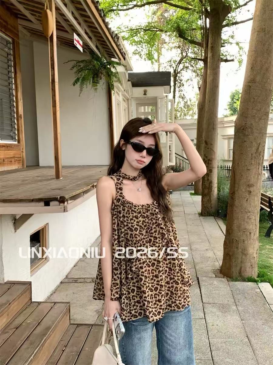 niugugu 핫걸 레오파드 무늬 행침 목 캐미솔 여름 루즈핏 슬림해 보이는 프릴 민소매 다용도 맨위
