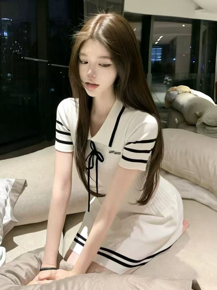 일상 캐주얼 배색 스트라이프 니트 polo 치마 여성 여름 품격 한 마디 드레스 스트랩 나비 매듭 짧은 치마