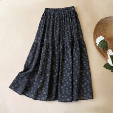批发2026年夏日新品复古碎花压褶高腰半身裙女<b class='q'>大码</b>宽松a字中长半身裙