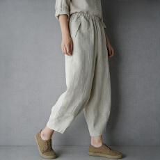 批发实拍2026夏季新款薄棉麻<b class='q'>哈伦裤</b>女宽松大码高腰亚麻休闲萝卜九分裤