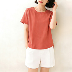 批发实拍2026夏季新款复古文艺棉麻T恤简约宽松透气圆领套头短袖上衣