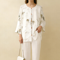 批发实拍2026夏季新品汉服百搭休闲改良大码<b class='q'>外套</b>印花圆领防晒通勤衬衣