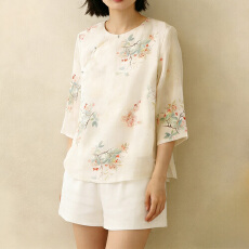 批发实拍2026夏新品文艺苎麻印花女上衣大码中式圆领斜襟复古禅意衬衫