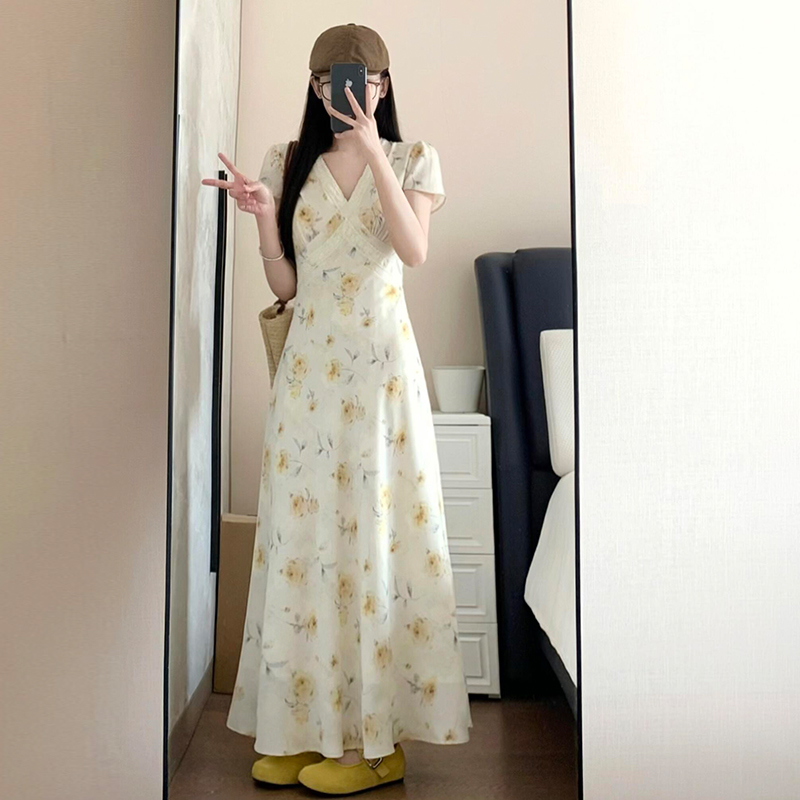 MY8421# 大码法式度假风蕾丝v领碎花连衣裙女夏季胖mm短袖系带收腰长裙子女裝貨源服裝批發