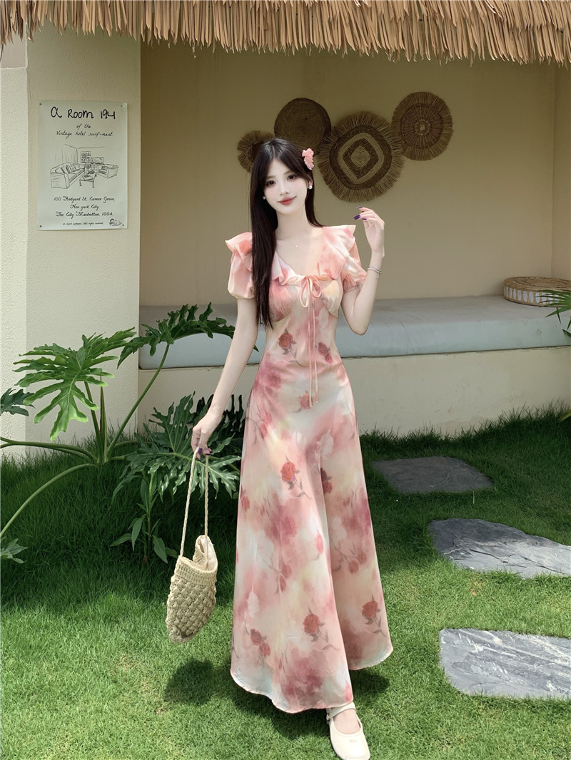 MY8403# 大码夏季新款温柔荷叶边V领泡泡袖碎花连衣裙系带收腰长裙女裝貨源服裝批發