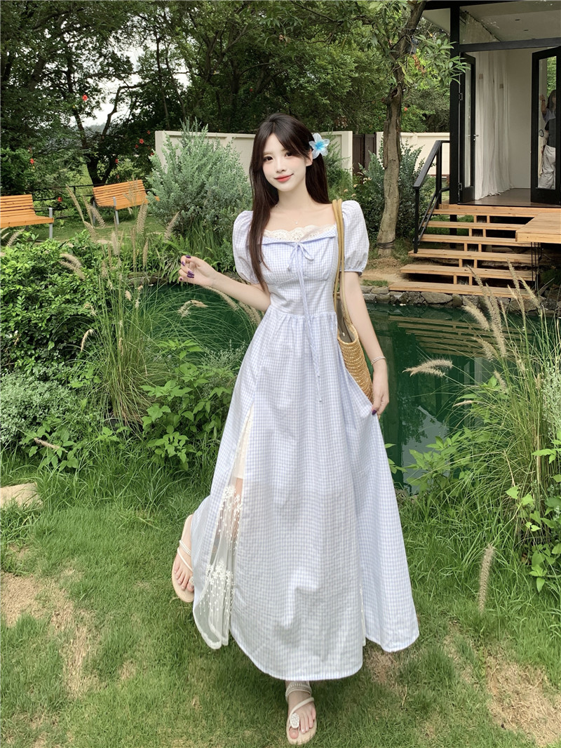 MY8416# 大码法式条纹蕾丝拼接氛围感收腰裙显白连衣裙女裝貨源服裝批發