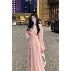 批发大码法式粉色温柔V领蝴蝶结系带长袖连衣裙2026新款女装长裙
