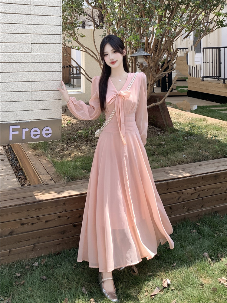 빅 사이즈 프랑스식 핑크색 부드러운 V넥 나비 넥타이 긴팔 드레스 2026 새로운 여성 의류 롱 스커트