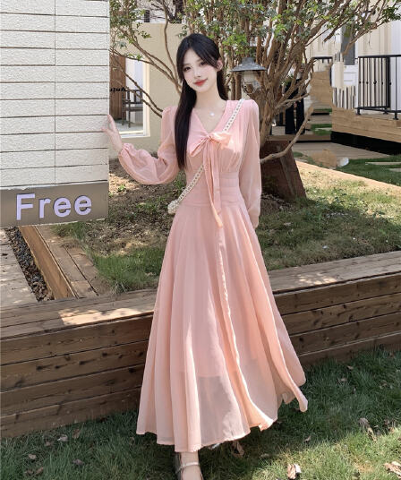 빅 사이즈 프랑스식 핑크색 부드러운 V넥 나비 넥타이 긴팔 드레스 2026 새로운 여성 의류 롱 스커트