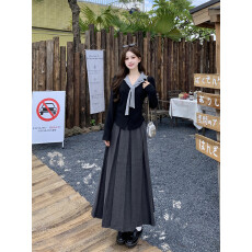 批发实拍 大码女装胖mm假两件翻领刺绣上衣百褶长裙两件套