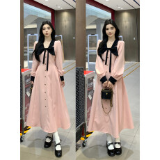 批发娃娃领法式气质小香风长袖<b class='q'>连衣裙</b>女2025秋冬高级感穿搭粉色衬衫裙