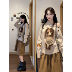 批发大码胖MM法式复古小狗提花针织衫女2025<b class='q'>秋</b>季新款休闲斜领长袖毛衣