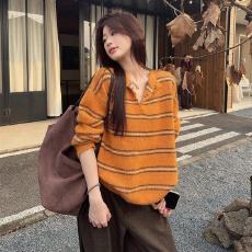 批发慵懒风软糯条纹毛衣女2025秋季大码胖MM宽松显瘦时尚减龄漂亮上衣