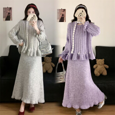 批发实拍大码韩系手工钉花飘带毛衣女套头宽松慵懒风针织衫小众套装