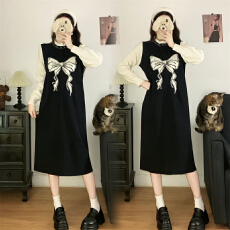 批发大码女装假两件设计针织连衣裙女<b class='q'>秋</b>冬新款黑色打底毛衣裙子