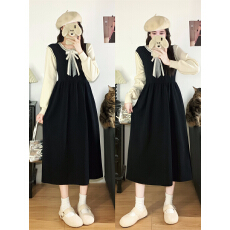 批发大码假两件长袖针织连衣裙女收腰黑色长裙2025新款<b class='q'>秋</b>冬裙子