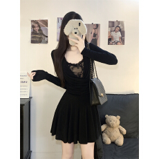 批发大码胖MM性感风假两件蕾丝拼接连衣裙女2026黑色长袖收腰遮肉短裙