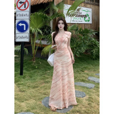 批发法式大码女装2026夏季气质显瘦收腰设计感印花粉色连衣裙