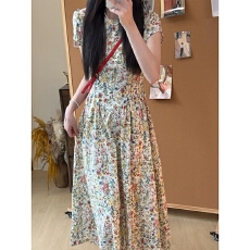 批发大码胖mm莫奈花信短袖碎花连衣裙女春夏圆领长短款显瘦收腰裙