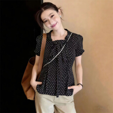 批发大码胖妹妹法式复古<b class='q'>波点</b>蝴蝶结短袖<b class='q'>衬衫</b>女夏季设计感褶皱收腰上衣