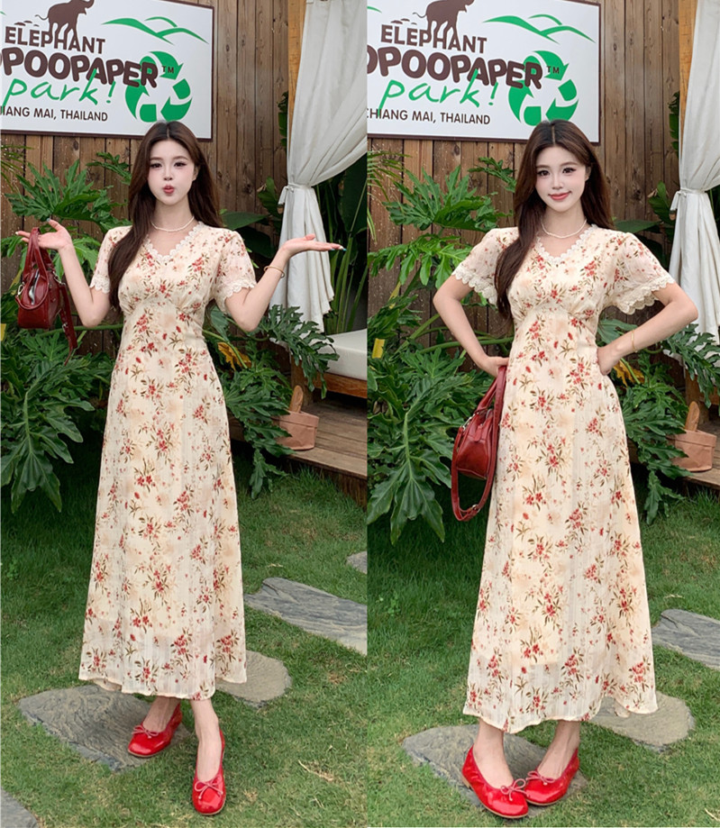 실사 빅 사이즈 여성 의류 여름 새로운 프랑스식 첫사랑 부드러운 작은 대중 슬림해 보이는 품격 꽃무늬 섹션 드레스