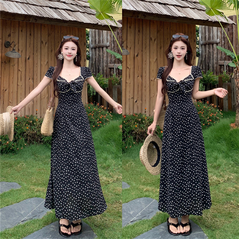 빅 사이즈 프랑스식 레트로 검정색 도트 무늬 드레스 새로운 나비 매듭 연령 감소 허리 수축 슬림해 보이는 차 휴식 휴가 롱 스커트
