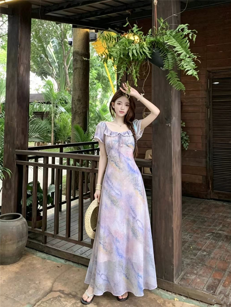 빅 사이즈 둘 착용 오프숄더 프랑스식 낭만주의 바람 헤일로 염색 프린트 드레스 레이스업 허리 수축 슬림해 보이는 부드러운 센스 롱 스커트