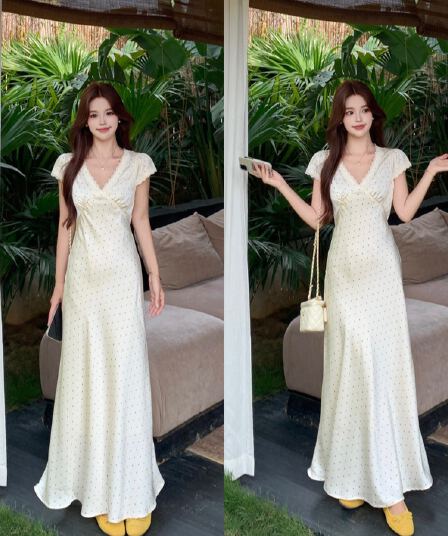 프랑스식 레이스 측면 V넥 도트 무늬 여성 드레스 2026 여름 품격 허리 수축 슬림해 보이는 롱 스커트